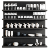 Set of dishes on the shelves