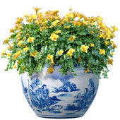 A bouquet of yellow flowers in a pot, a vase urn,fkowerpot with a Chinese pattern for decoration Chinoiserie.Indoor plant