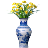 A bouquet of yellow flowers in a Chinese porcelain vase, a pot, a flowerpot, urn for decoration. Indoor plant