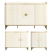 Elegant Glamorous White Wood Sideboard Credenza with Stone Countertop and Cabinets