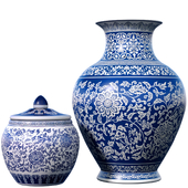 Китайская декоративная фарфоровая ваза и баночка темно-синего цвета с узором в виде ветки лотоса