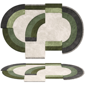 Carpet Contemporary Oval Rug with Geometric Pattern in Green Hues and Beige in Wool