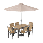 Outdoor furniture chairs and table under umbrella for garden and patio
