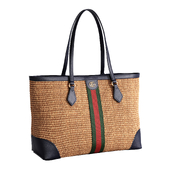 Gucci Ophidia Straw & Navy Blue Leather Web Striped Beach Bag