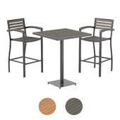 Bar stool and table with black metal legs and wood in two colors