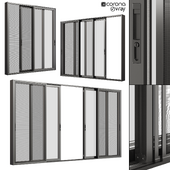 A set of sliding metal windows and doors with a mosquito net.