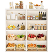 Shelf with vegetables, fruits and spices for kitchen or restaurant