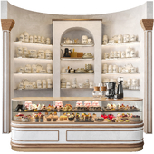 Large coffee shop - pastry shop with a rack and display case with desserts