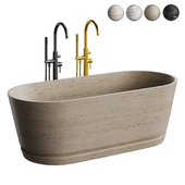 Handcrafted Oval Stone Bathtub with Carved Linear Detail