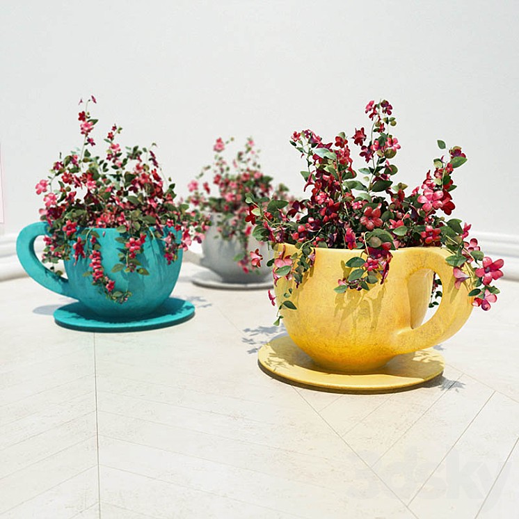 flowers in vases cups (cup flower pots) 3DS Max - thumbnail 1
