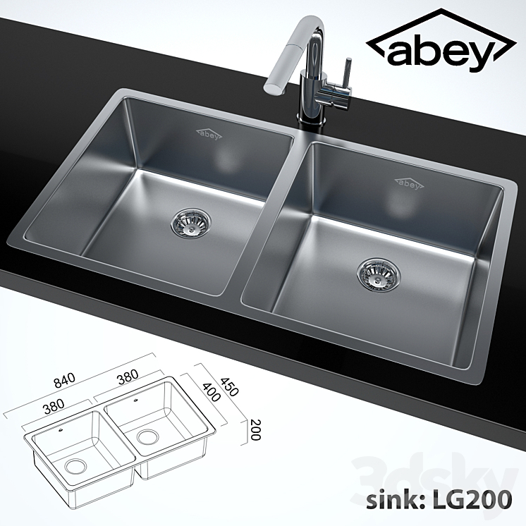 Double kitchen sink + Ovale Sink Mixer With Pull-Out 3DS Max - thumbnail 1