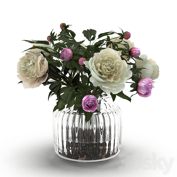 Cream Peonies in ribbed glass vase 3DS Max - thumbnail 1