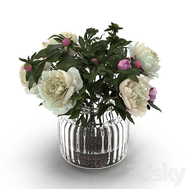 Cream Peonies in ribbed glass vase 3DS Max - thumbnail 2
