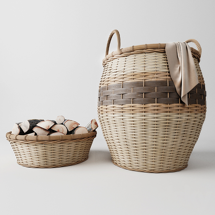 Laundry basket basket with wood 3DS Max - thumbnail 1
