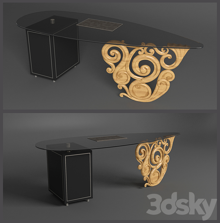 Glass table with carved wood - Table - 3D model