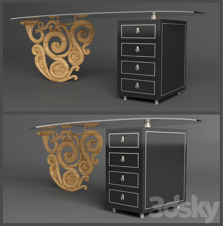 Glass table with carved wood - Table - 3D model