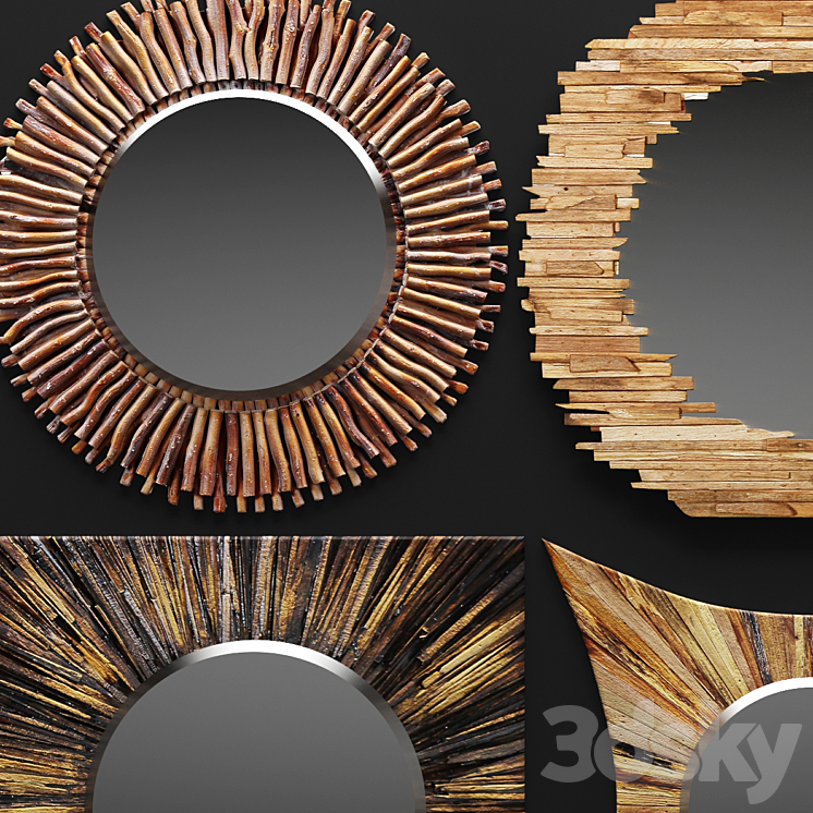 A set of mirrors tree. round wooden eco style design 3D Model