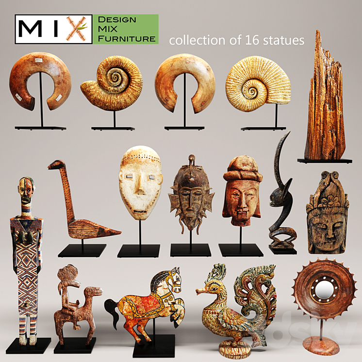 Design Mix Furniture. Collection of 16 pieces figurine wooden eco design set collection decor mega set ammonite shell fossil figurine decor mask 3DS Max - thumbnail 1