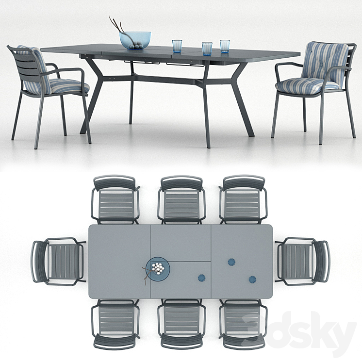 Table Ethimo Ocean rectangular table with a chair Ocean dining chair with accessories 3DS Max - thumbnail 1