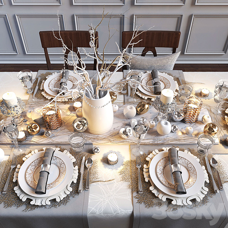 Festive table setting with apples 3DS Max - thumbnail 1
