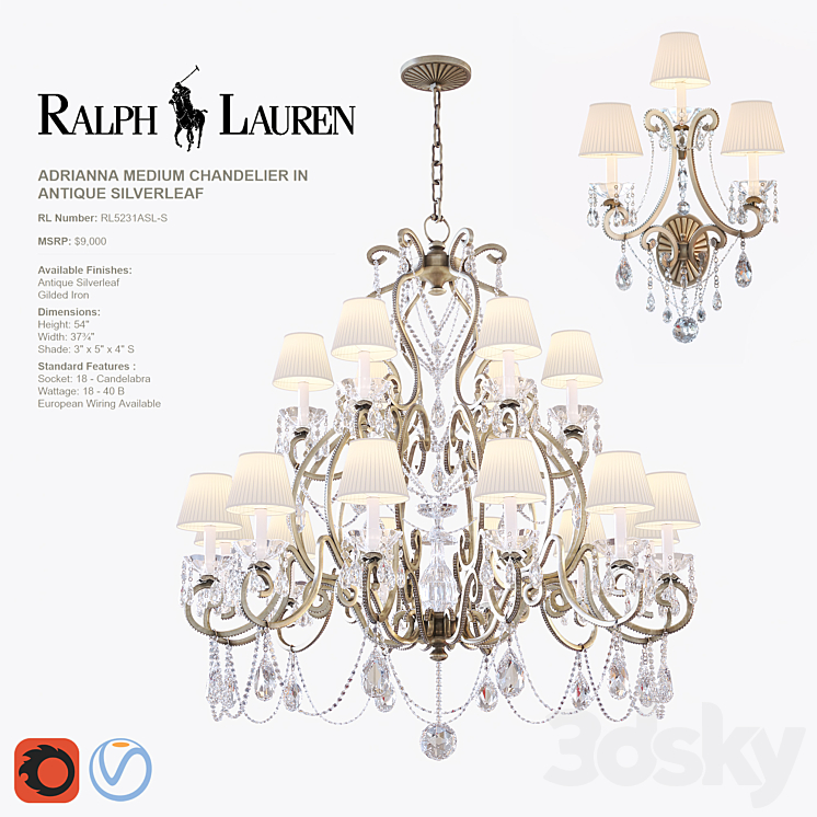 ADRIANNA MEDIUM CHANDELIER and TRIPLE SCONCE in antique silverleaf 3DS Max - thumbnail 1