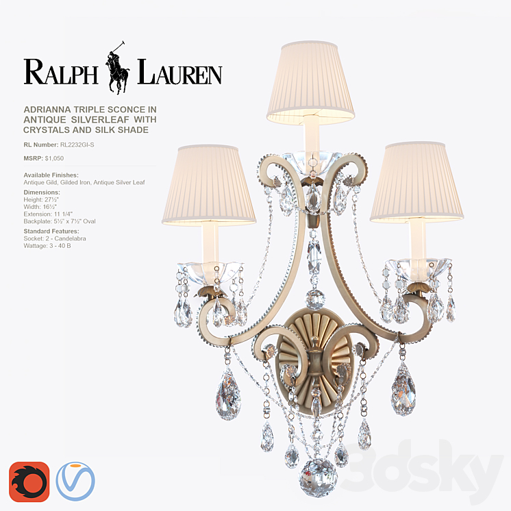 ADRIANNA MEDIUM CHANDELIER and TRIPLE SCONCE in antique silverleaf 3DS Max - thumbnail 2
