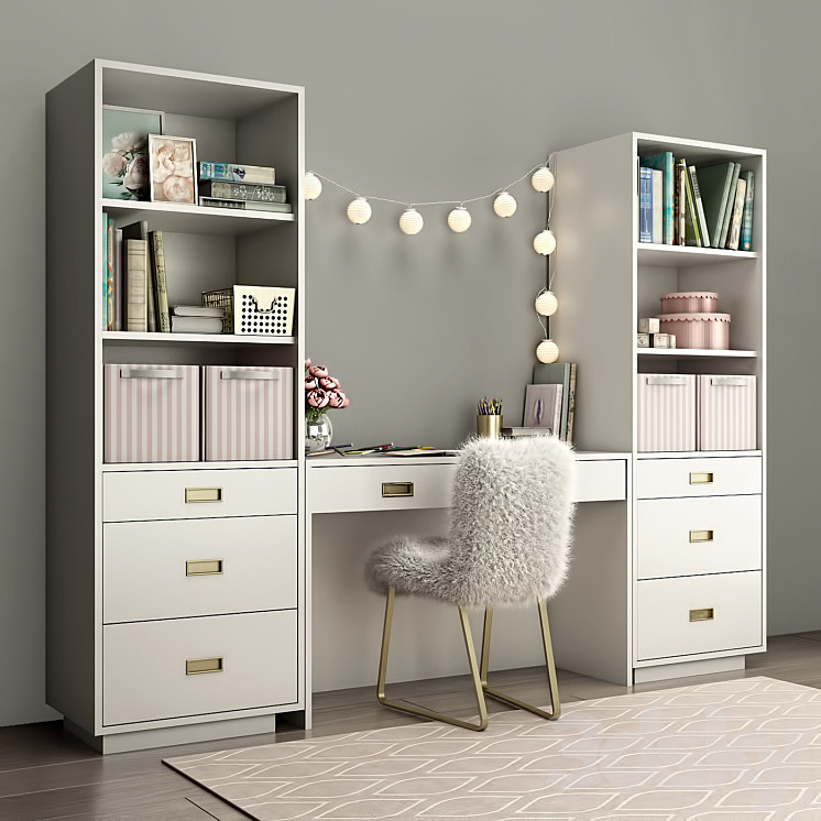Bookcases Restoration Hardware AVALON with desk WAXED WHITE IN COLOR 3D Model