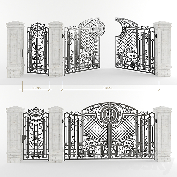 Forged gate with a gate and pillars 3DS Max - thumbnail 1