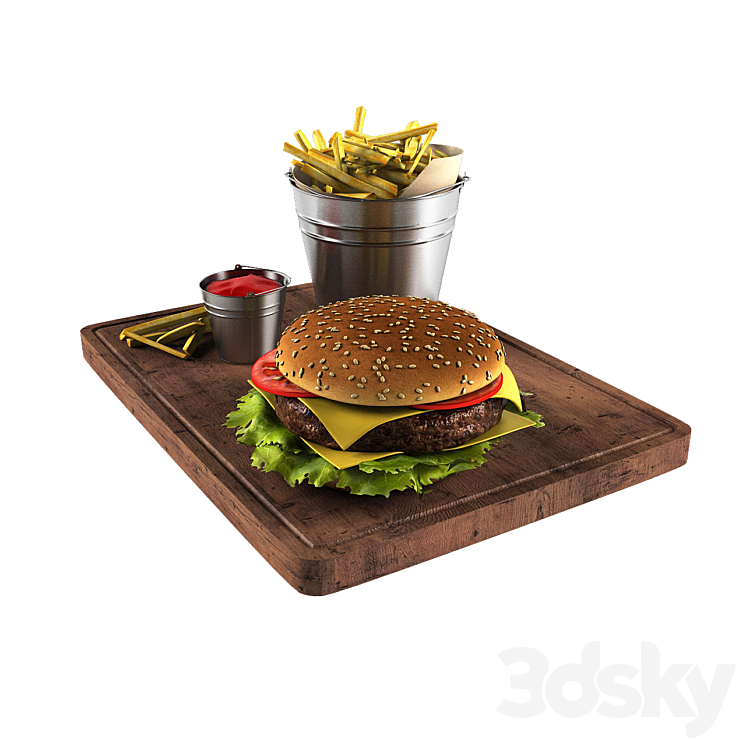Hamburger and french fries in a bucket 3DS Max - thumbnail 1