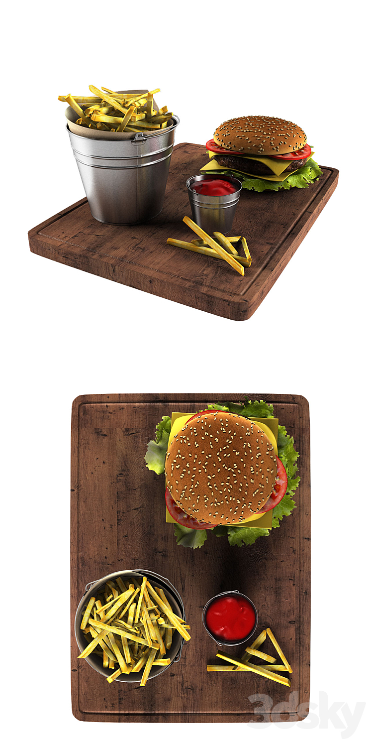 Hamburger and french fries in a bucket 3DS Max - thumbnail 2