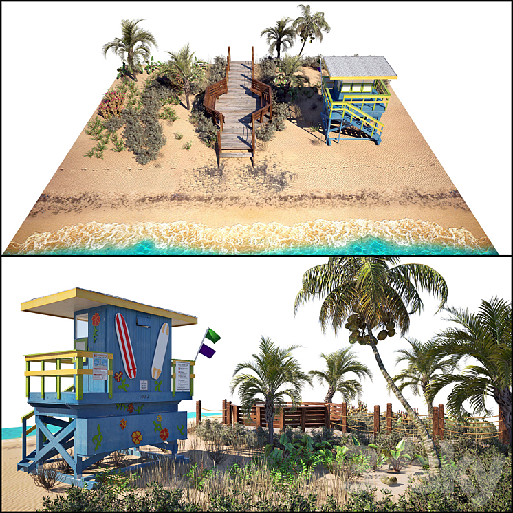 Ocean Beach set and Miami Lifeguard Hut 3DS Max - thumbnail 1