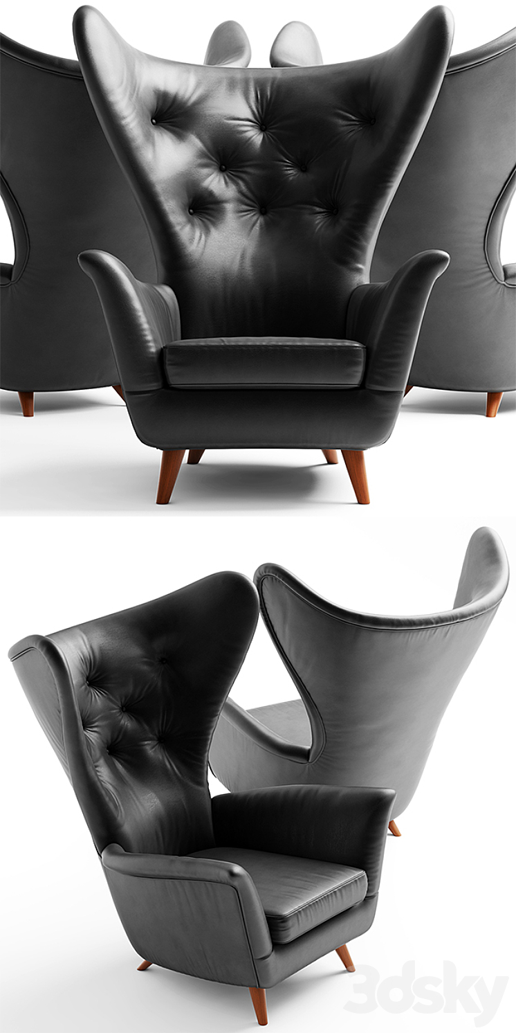 Black Leather Wing Lounge Chair 1950s 3DS Max - thumbnail 2