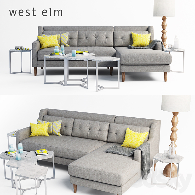 west elm Crosby Sectional sofa set 3DS Max - thumbnail 1
