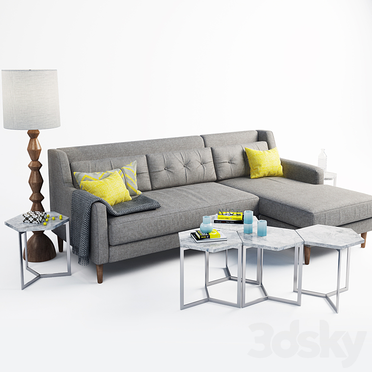west elm Crosby Sectional sofa set 3DS Max - thumbnail 2