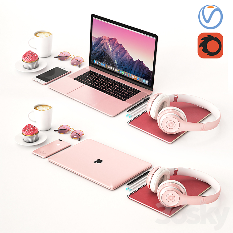 Workplace Rose Gold MacBook 3DS Max Model - thumbnail 1