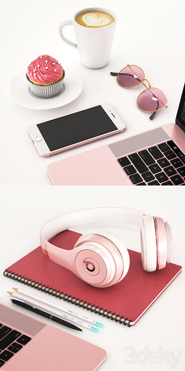 Workplace Rose Gold MacBook 3DS Max Model - thumbnail 2