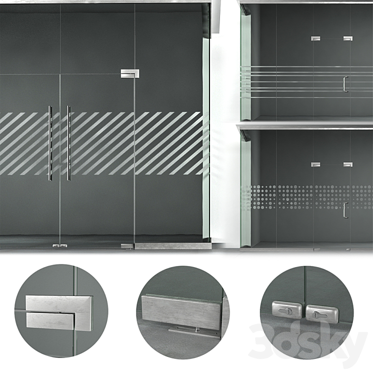 A set of glass partitions with sandblasting patterns. 3D Model