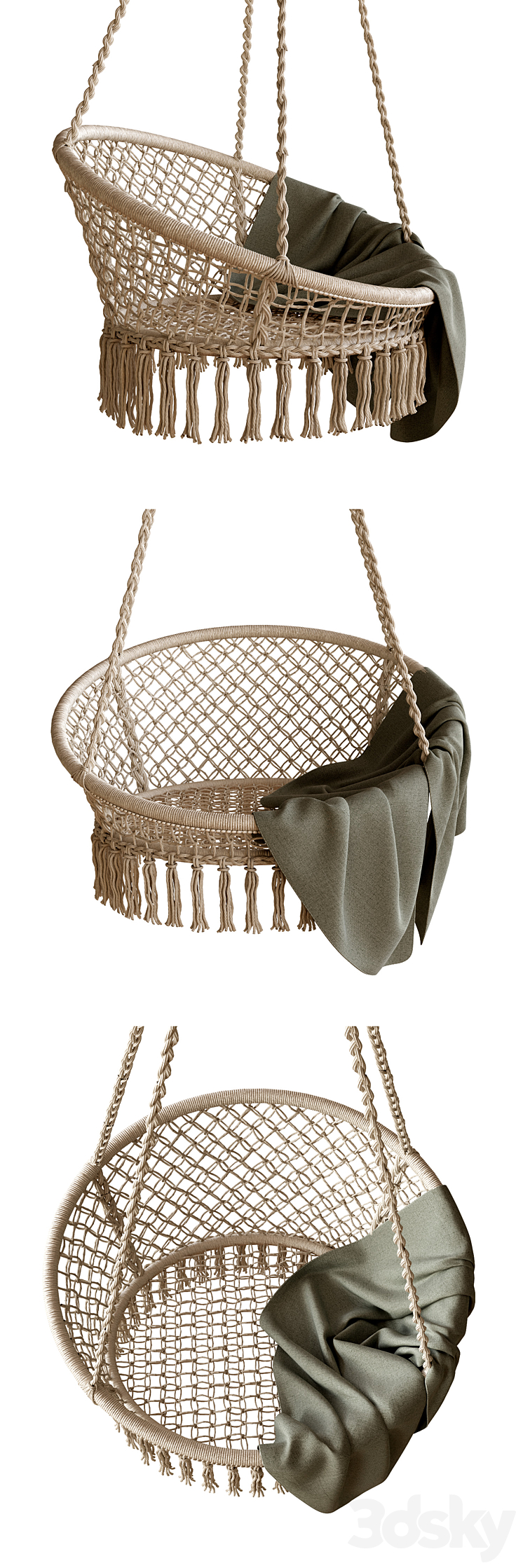 Macrame Natural Hanging Saucer Chair 3D Model