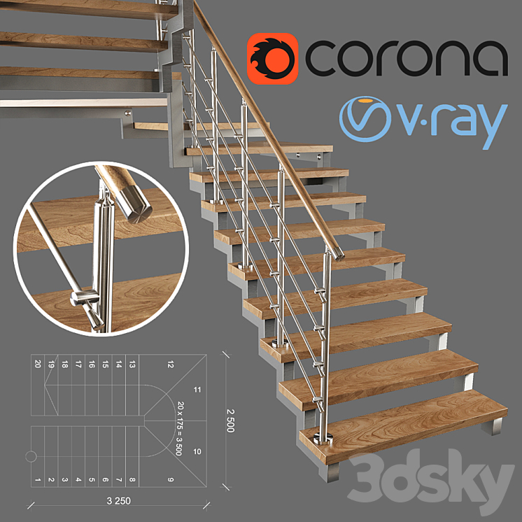 A modern two-march staircase with running steps 3DS Max - thumbnail 1