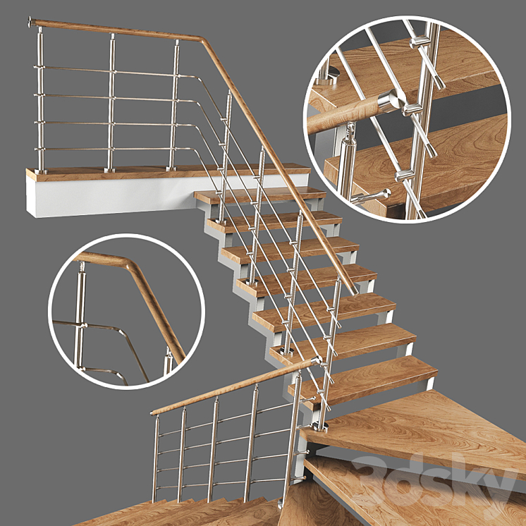 A modern two-march staircase with running steps 3DS Max - thumbnail 2