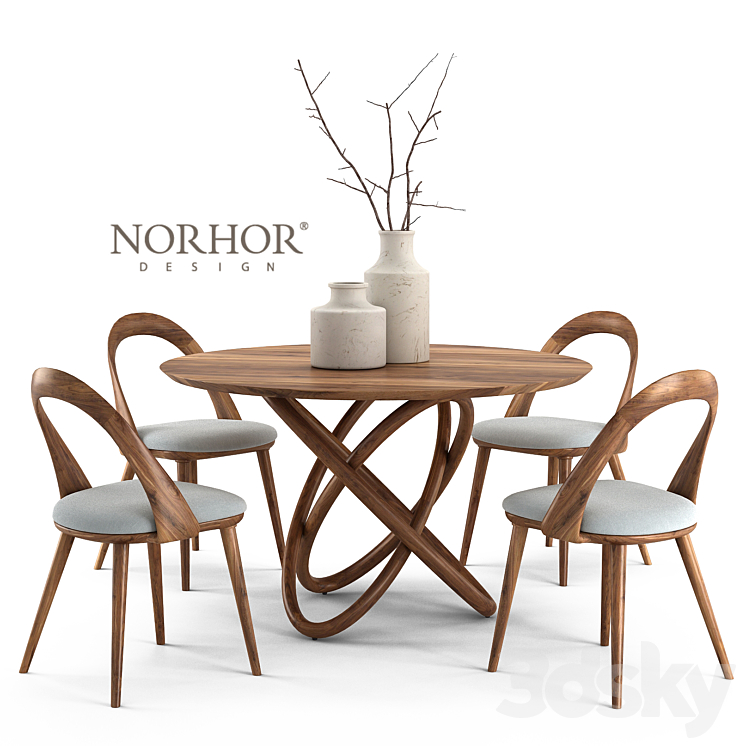 NORHOR Bergen round table and Walnut chair 3DS Max - thumbnail 1