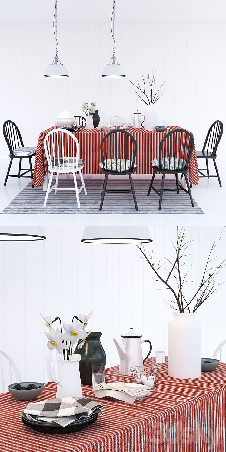 6 chairs Geraldine Westminster with pillows Ikea table Ingo 3D Model