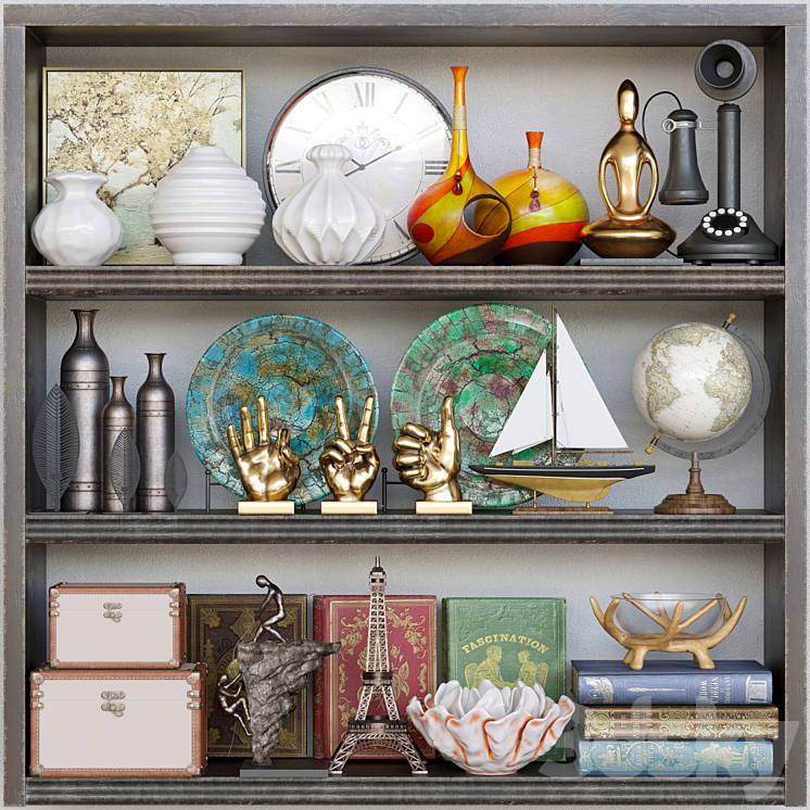 Wardrobe with a collection of vases decor and figurines. Books 3DS Max - thumbnail 1