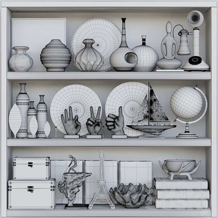 Wardrobe with a collection of vases decor and figurines. Books 3DS Max - thumbnail 2