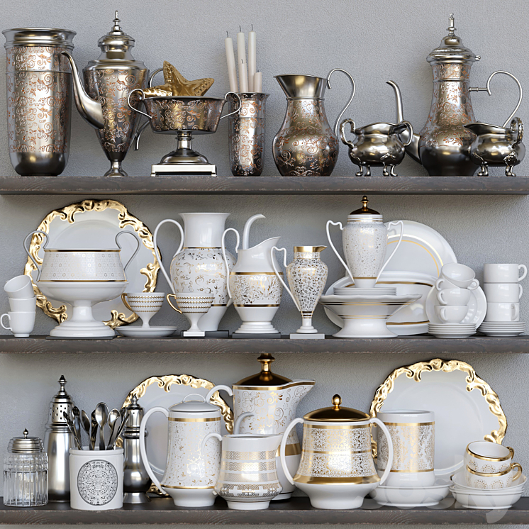 Classic crockery set with porcelain and gold leaf 3DS Max - thumbnail 1