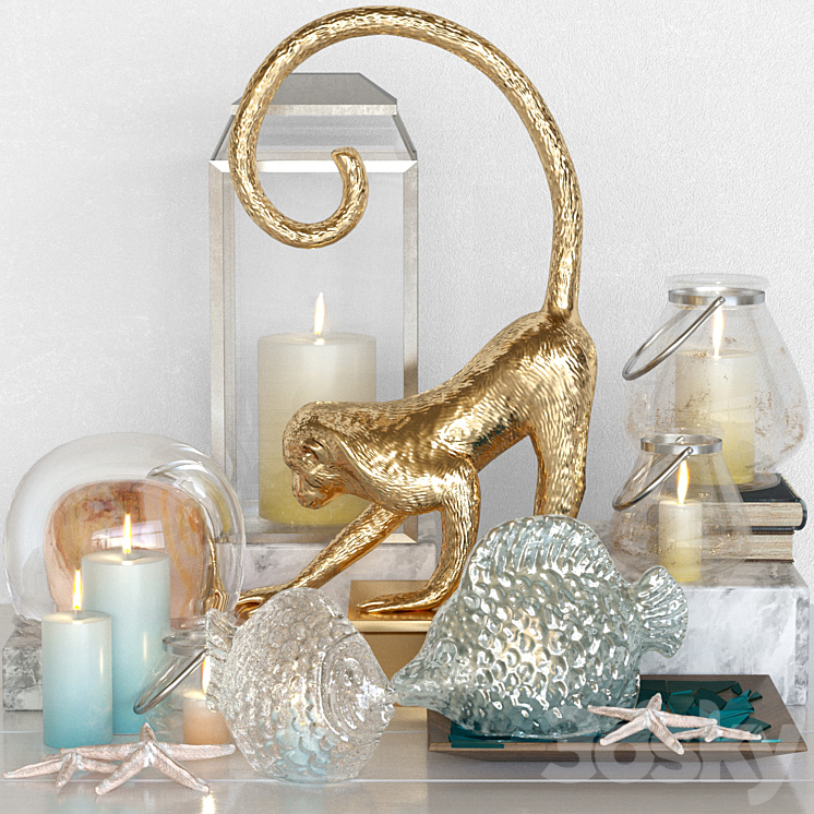 Decorative set with candles and figurine in the shape of a monkey