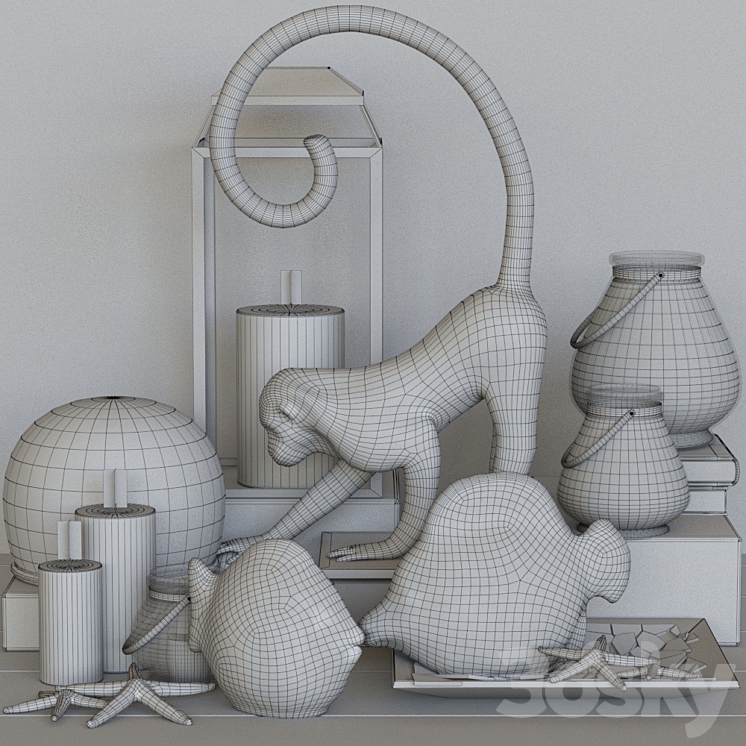 Decorative set with candles and figurine in the shape of a monkey 3D Model