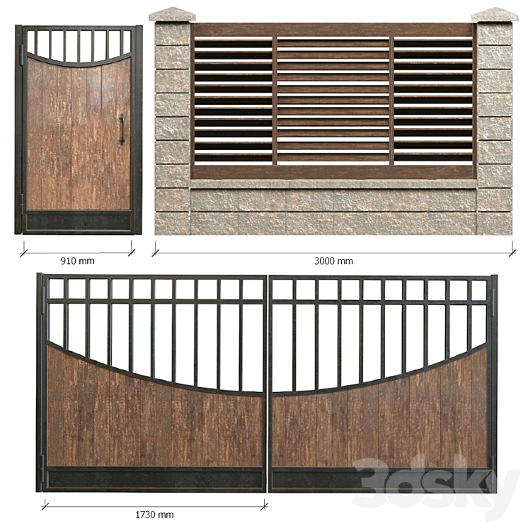 Fence with gates and wicket 2 3D Model
