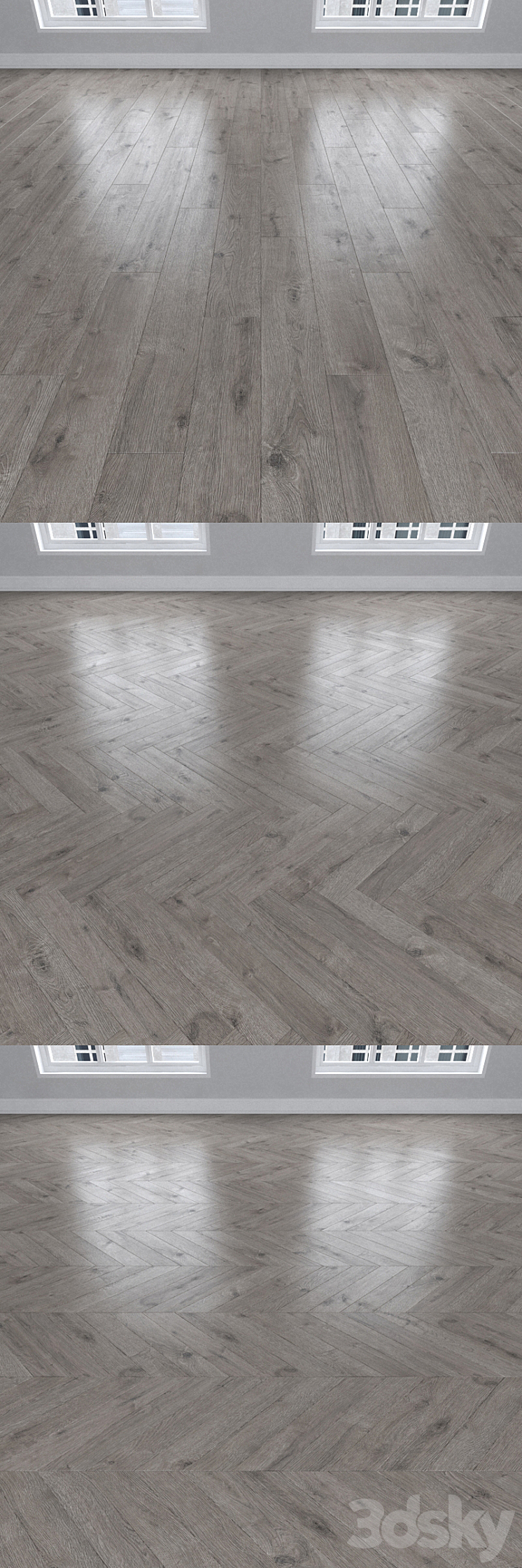 Parquet Oak gray 3 types: herringbone linear chevron. 3D Model