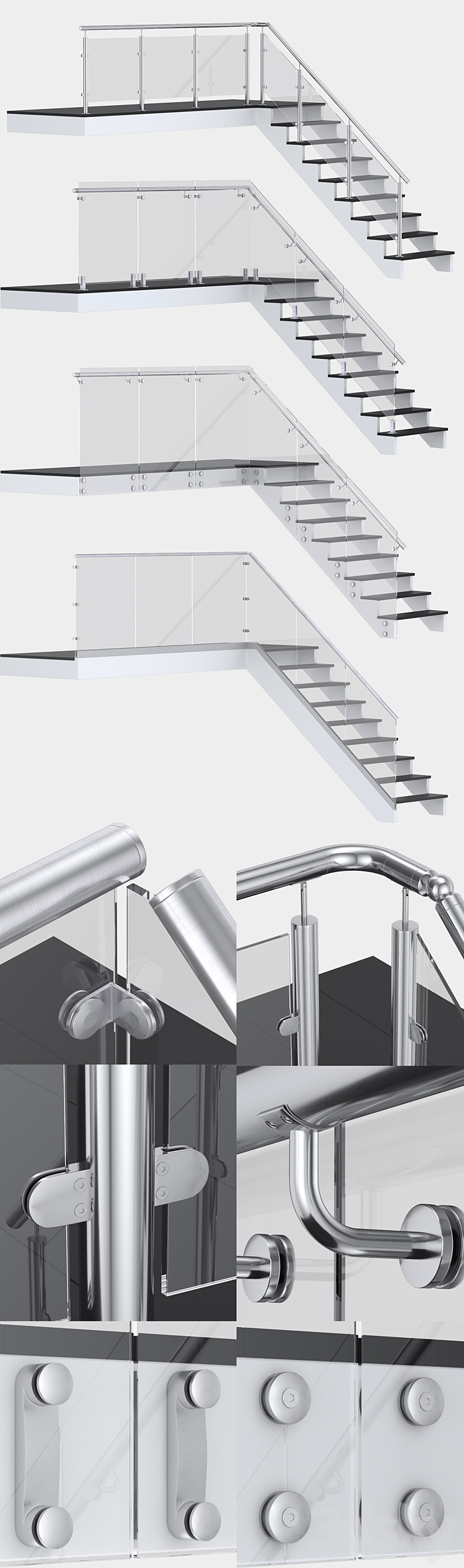 Glass fencing with handrail 4 options 3D Model